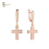 Cluster white CZ Cross drop Rose Gold Russian Lock Earrings