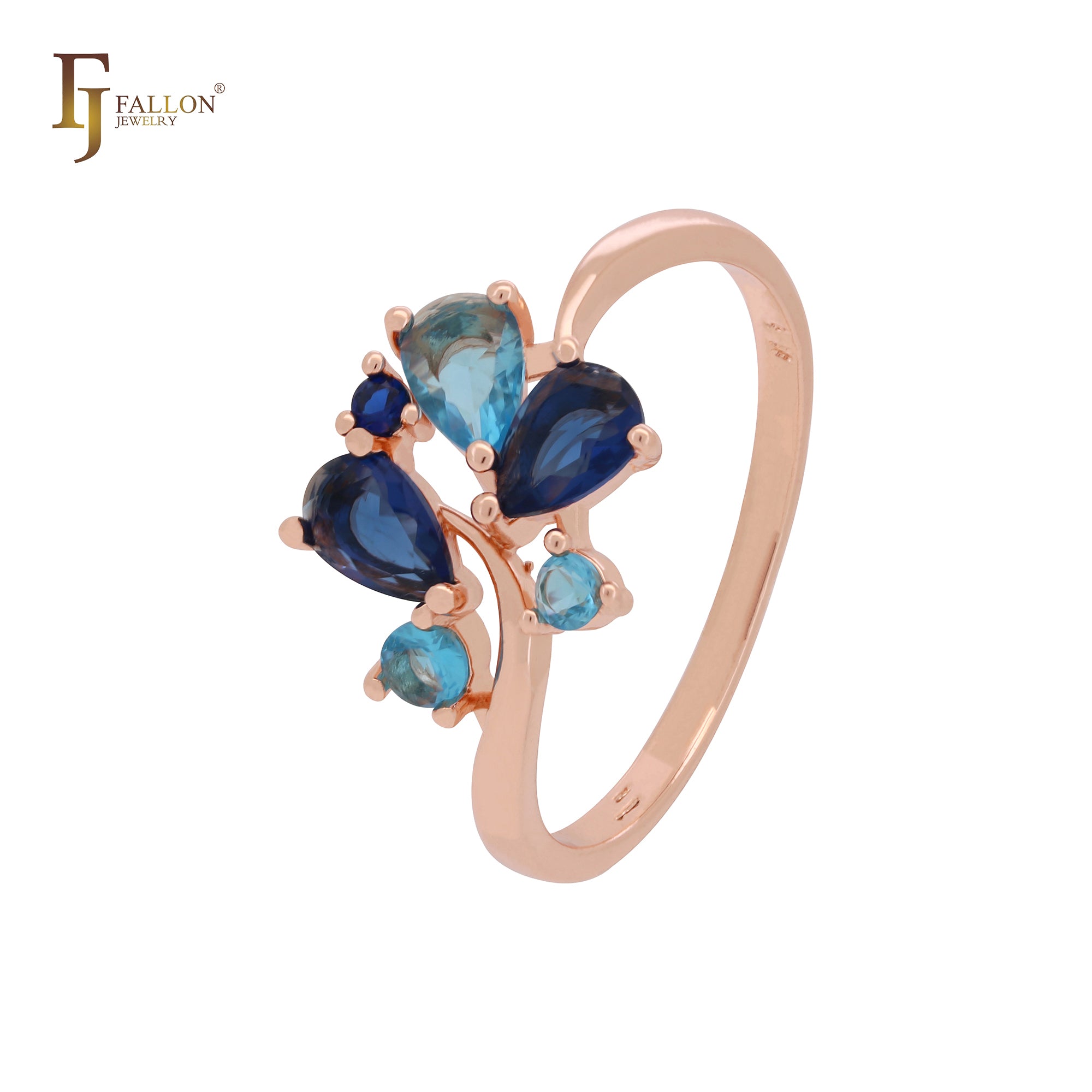 Anillos de compromiso de oro rosa con ramas en flor y circonitas azules