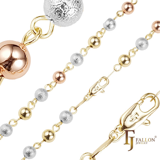 Glossy Brushed mixed Beads link chains plated in White Gold, 14K Gold, three tone