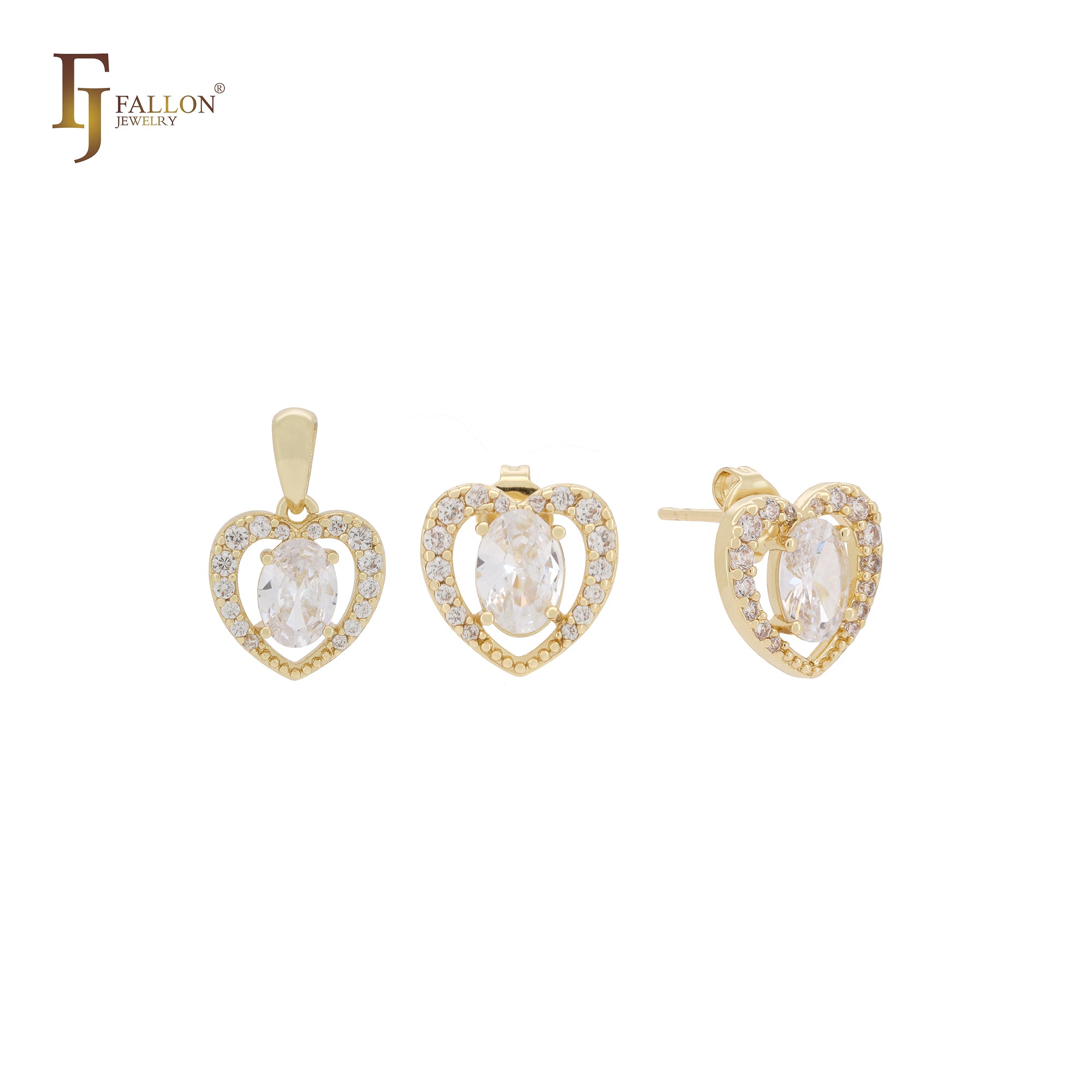 Joyería de oro de 14 quilates con circonitas blancas ovaladas en forma de corazón y colgante