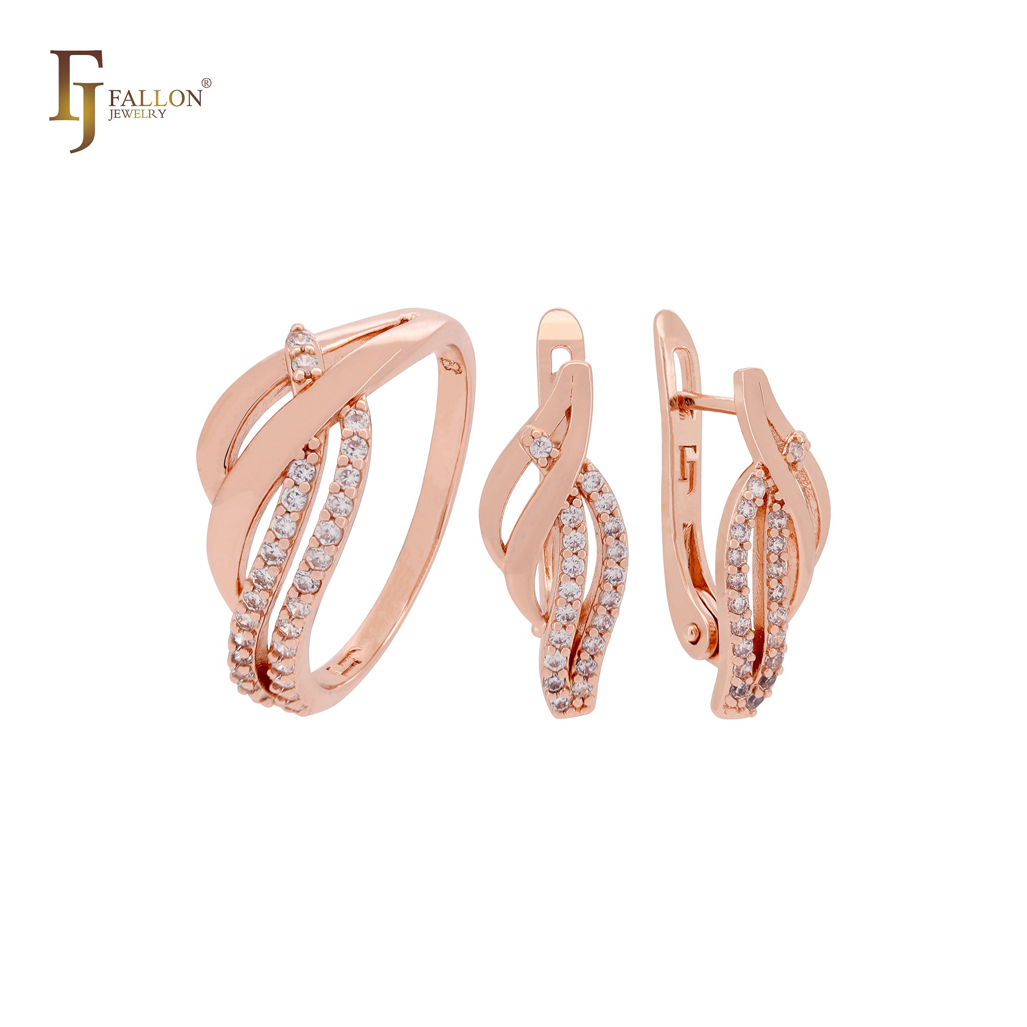 Conjunto de joyas de oro rosa con anillos y circonitas blancas pavimentadas que se cruzan en una cinta.