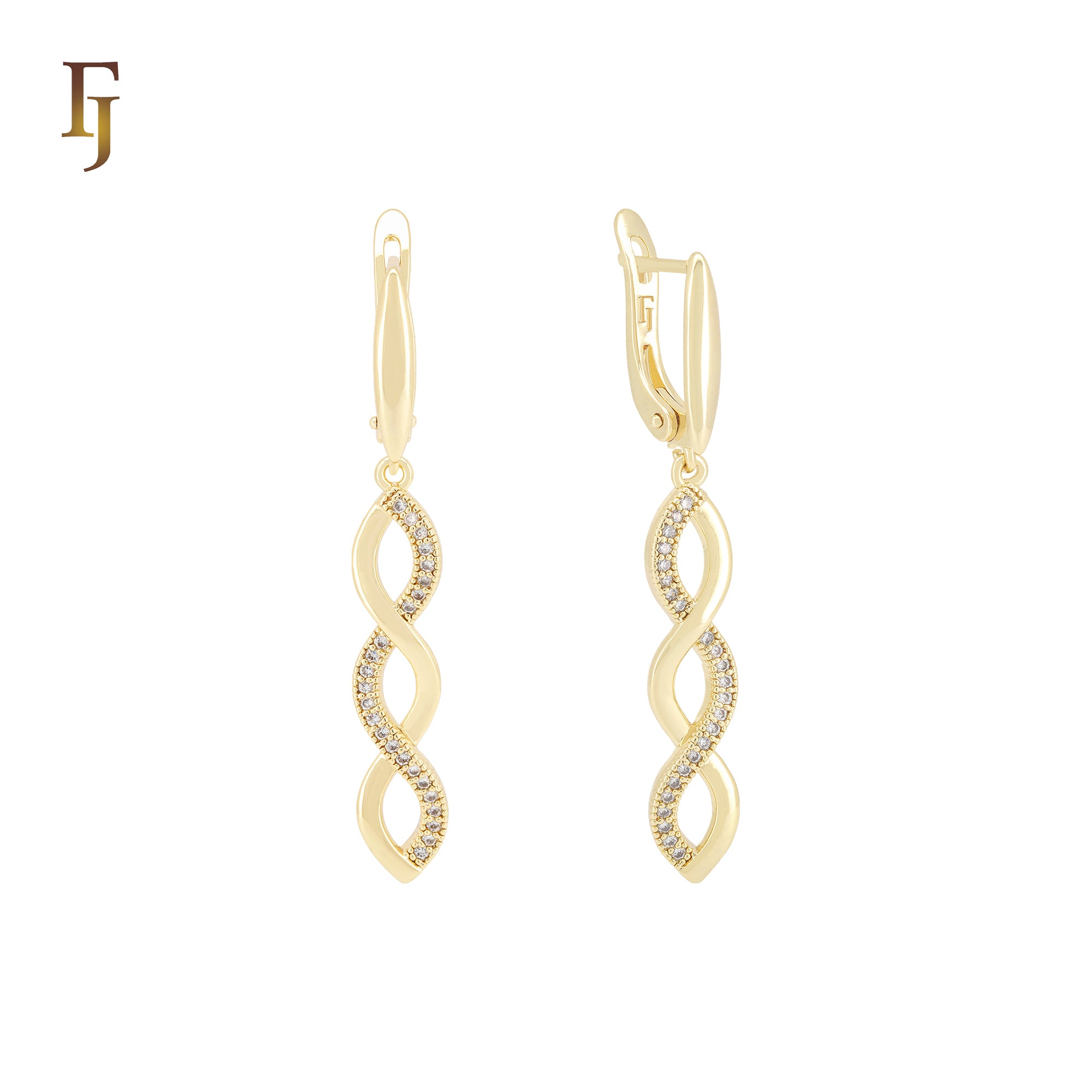 Triple Crosses of white CZs 14K Gold drop Russian Lock Earrings