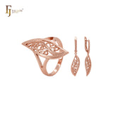 Conjunto de joyería de moda en oro rosa con hojas de filigrana y anillos