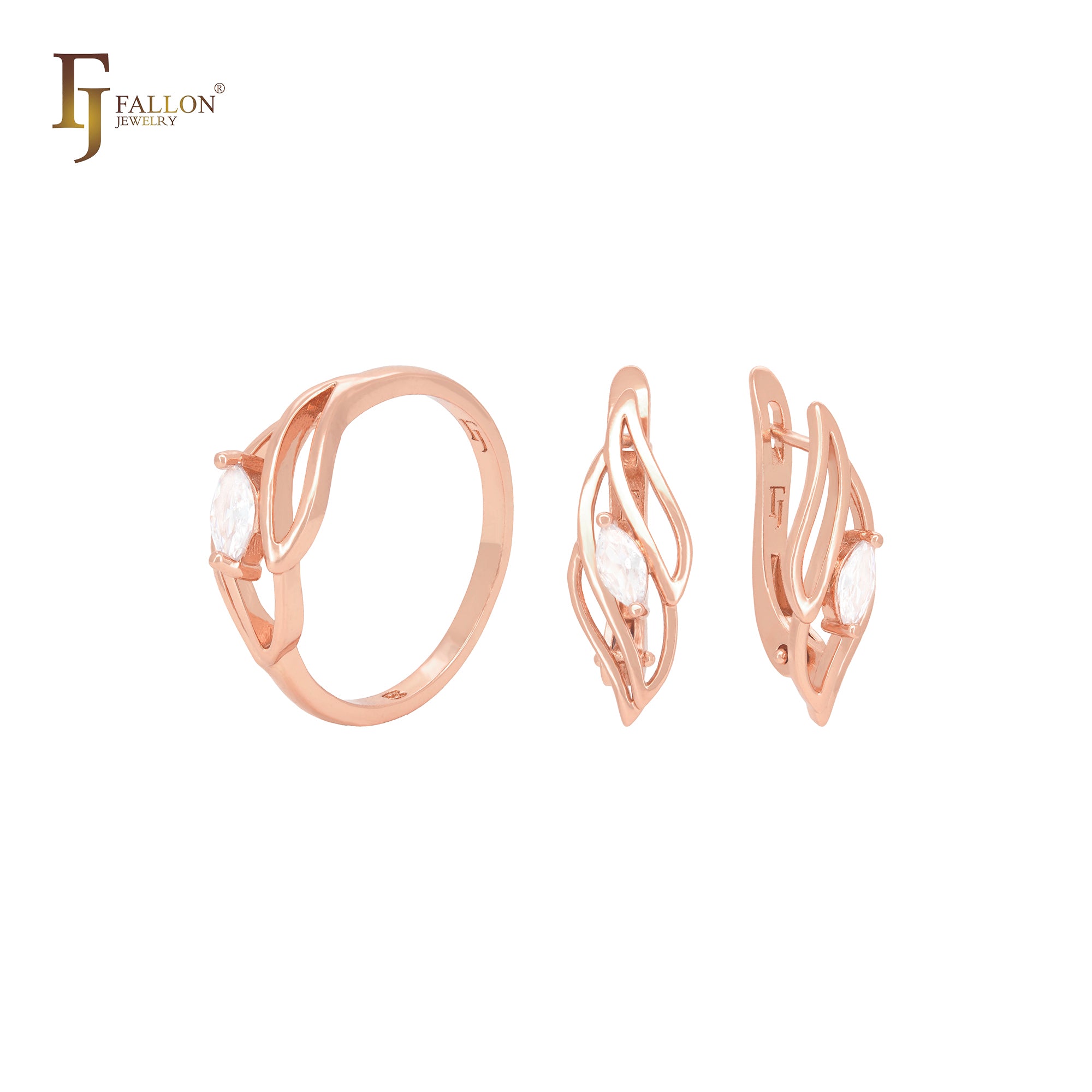 Conjunto de joyas de oro rosa con llamas de marquesa y circonitas blancas con anillos