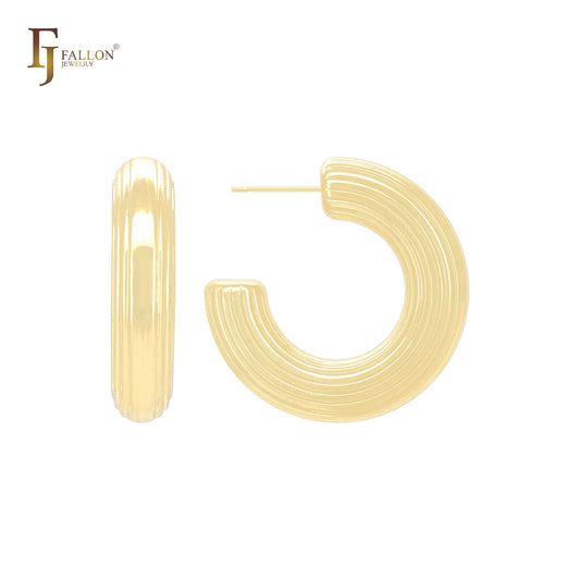 Pendientes de aro en forma de C con forma de tubo redondeado brillante y flujos paralelos en oro de 14 quilates, oro rosa y oro blanco.