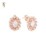 Oval Spinning ribbon of Oval halo white CZs 14K Gold, Rose Gold Stud Earrings