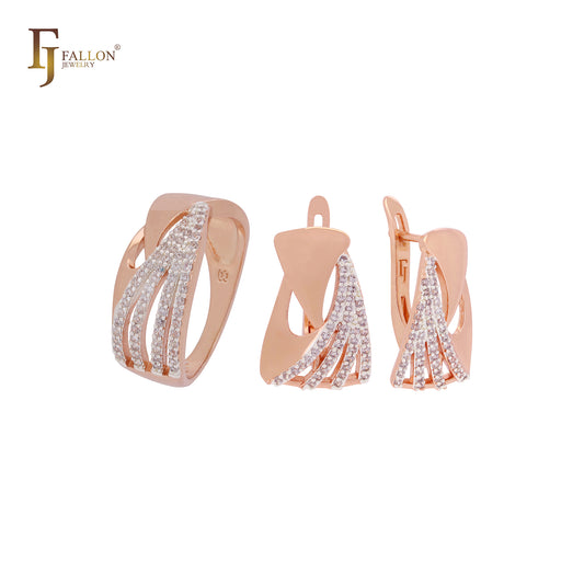 Conjunto de joyas de dos tonos en oro rosa con circonitas blancas entrelazadas y anillos