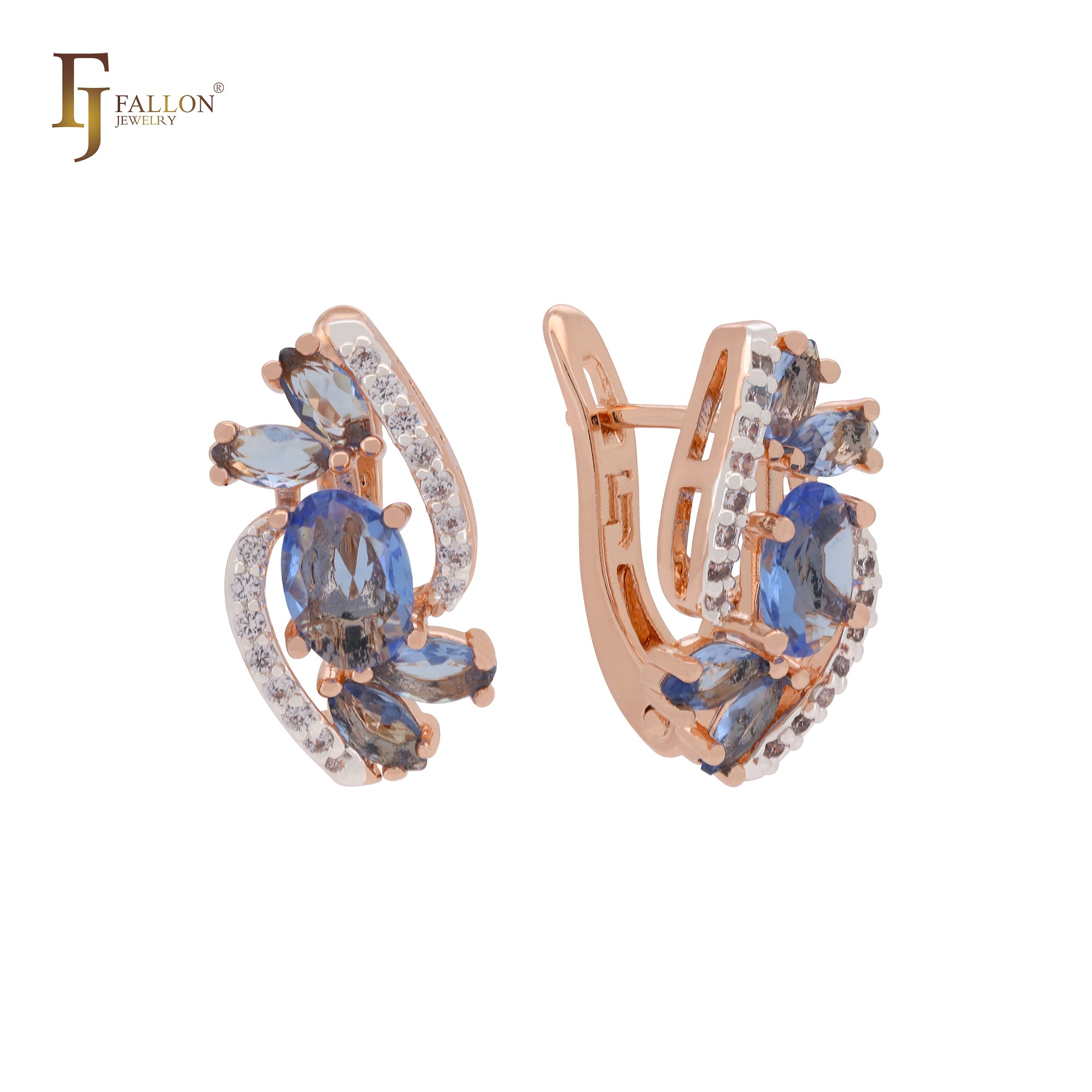 Lujosos pendientes de clip de oro rosa de dos tonos con brillantes circonitas azules y blancas.