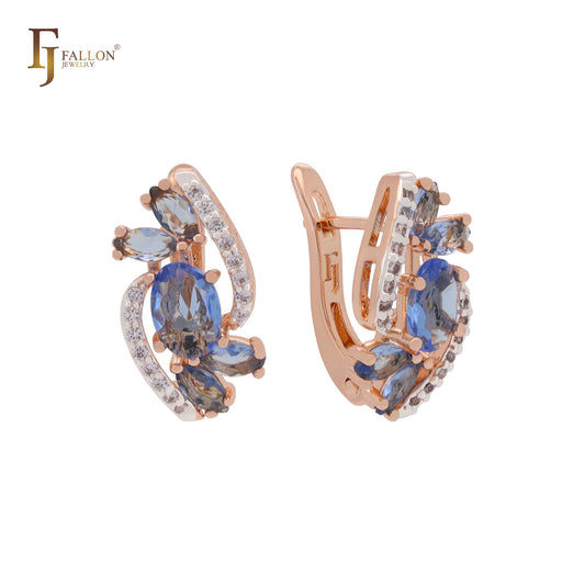 Lujosos pendientes de clip de oro rosa de dos tonos con brillantes circonitas azules y blancas.