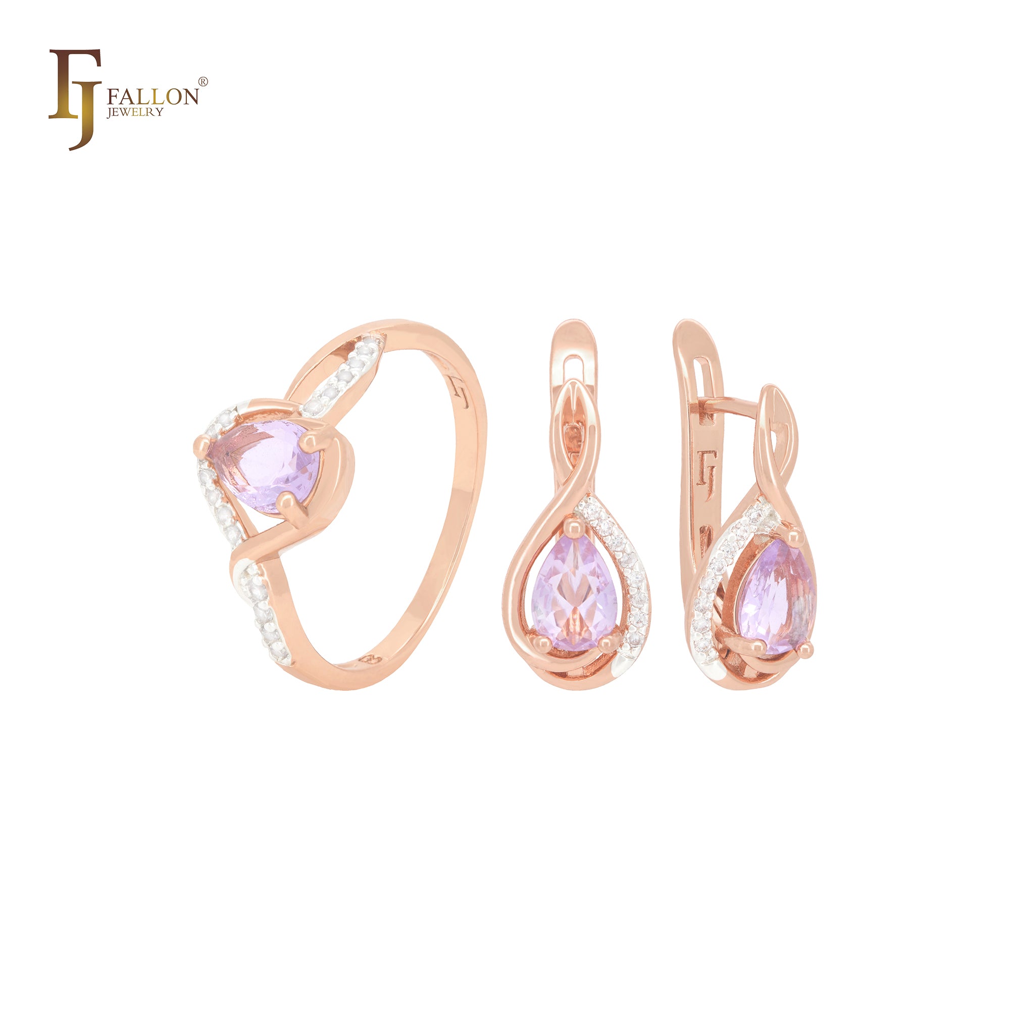 Conjunto de joyas de oro rosa de dos tonos con solitario de circonita cúbica y halo rosa y morado en forma de pera y anillos