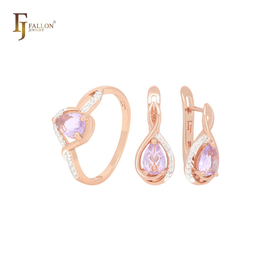 Conjunto de joyas de oro rosa de dos tonos con solitario de circonita cúbica y halo rosa y morado en forma de pera y anillos