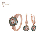 Lujoso conjunto de joyas de oro rosa con circonitas cúbicas en verde manzana intenso y anillos