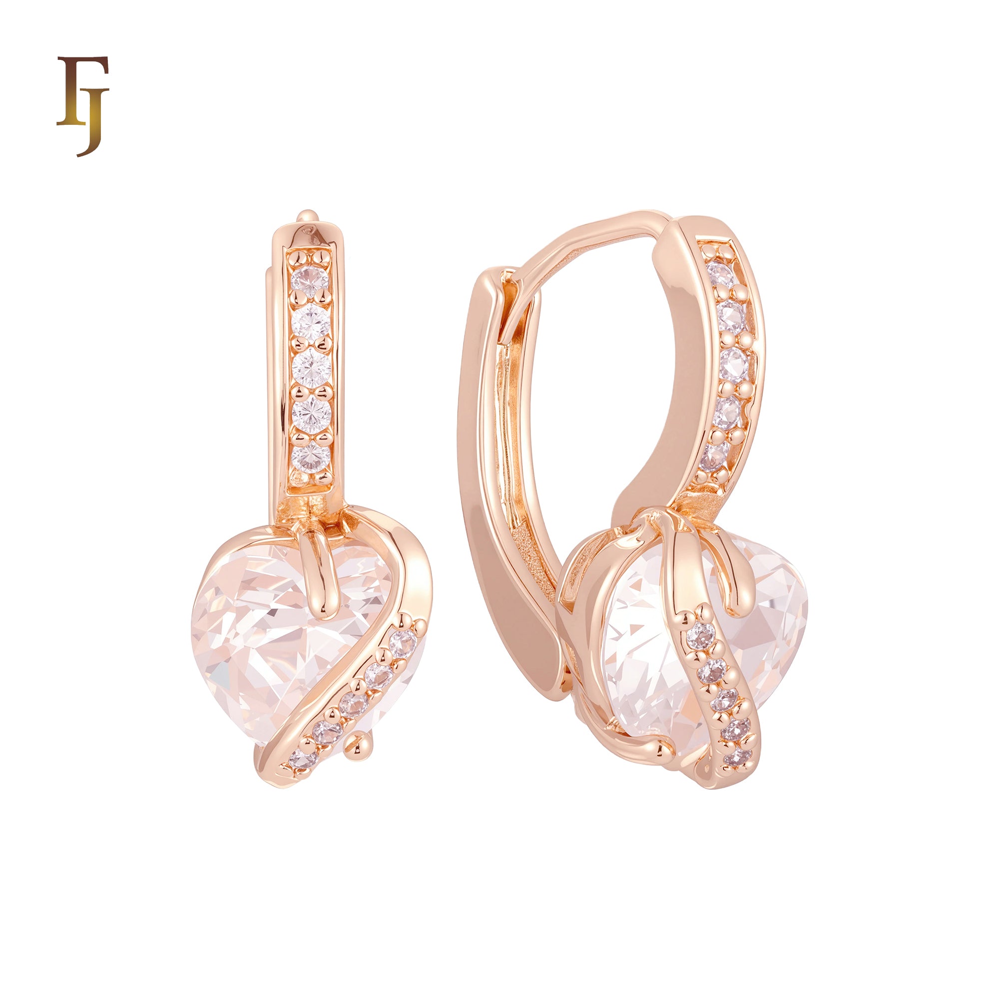 Heart shaped clawed white CZ Solitaire Rose Gold Huggie Earrings