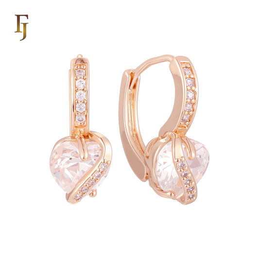 Heart shaped clawed white CZ Solitaire Rose Gold Huggie Earrings