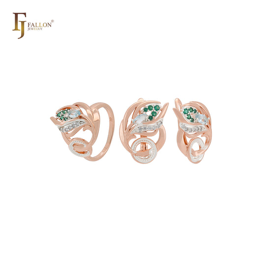 Lujoso conjunto de joyas de oro rosa de dos tonos con plumas de pavo real y circonitas cúbicas de colores y anillos.
