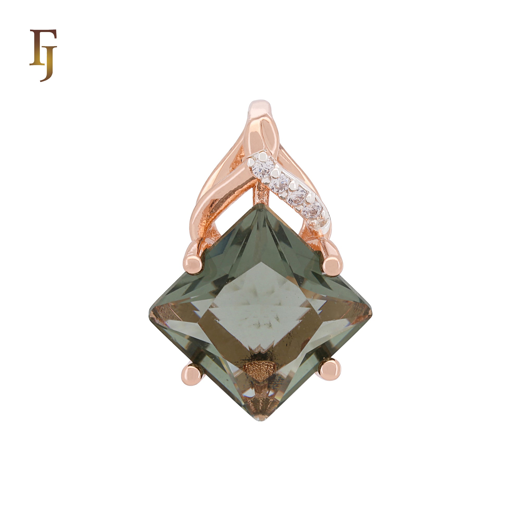 Green Princess-Cut Pendant with CZ Accent – 13.5×13.5mm Rose Gold Plated Solitaire Pendant by FJ Jewelry