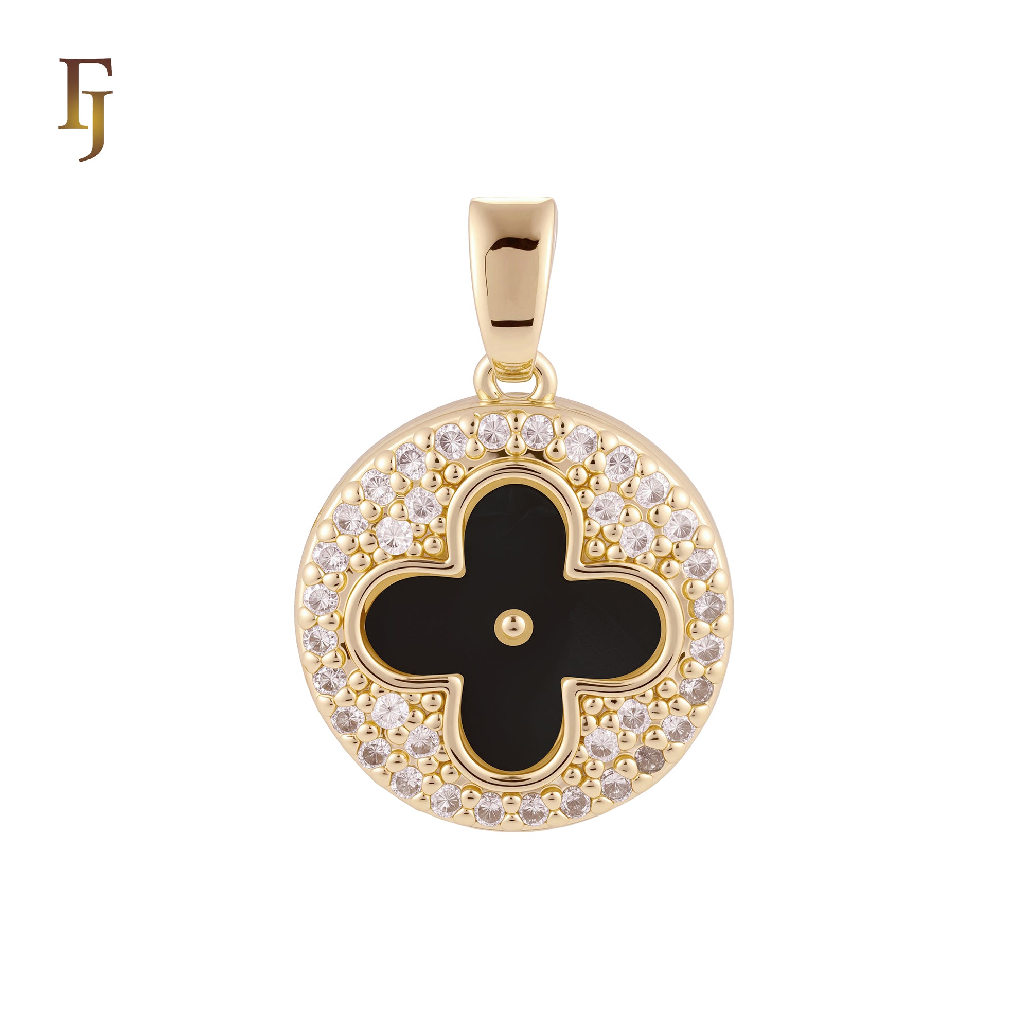 Lucky Disc Cluster white CZs Clover of Black or white Onyx 14K Gold, Rose Gold Pendant