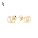 V of Victory white czs paved 14K Gold Stud Earrings