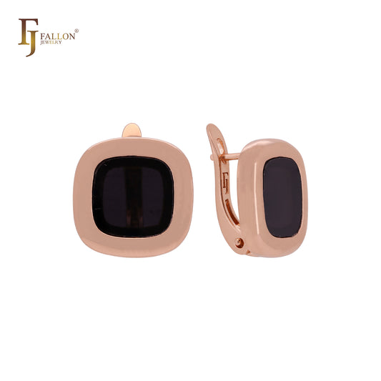 Pendientes de clip de oro rosa pintados en negro con forma cuadrada y redondeada