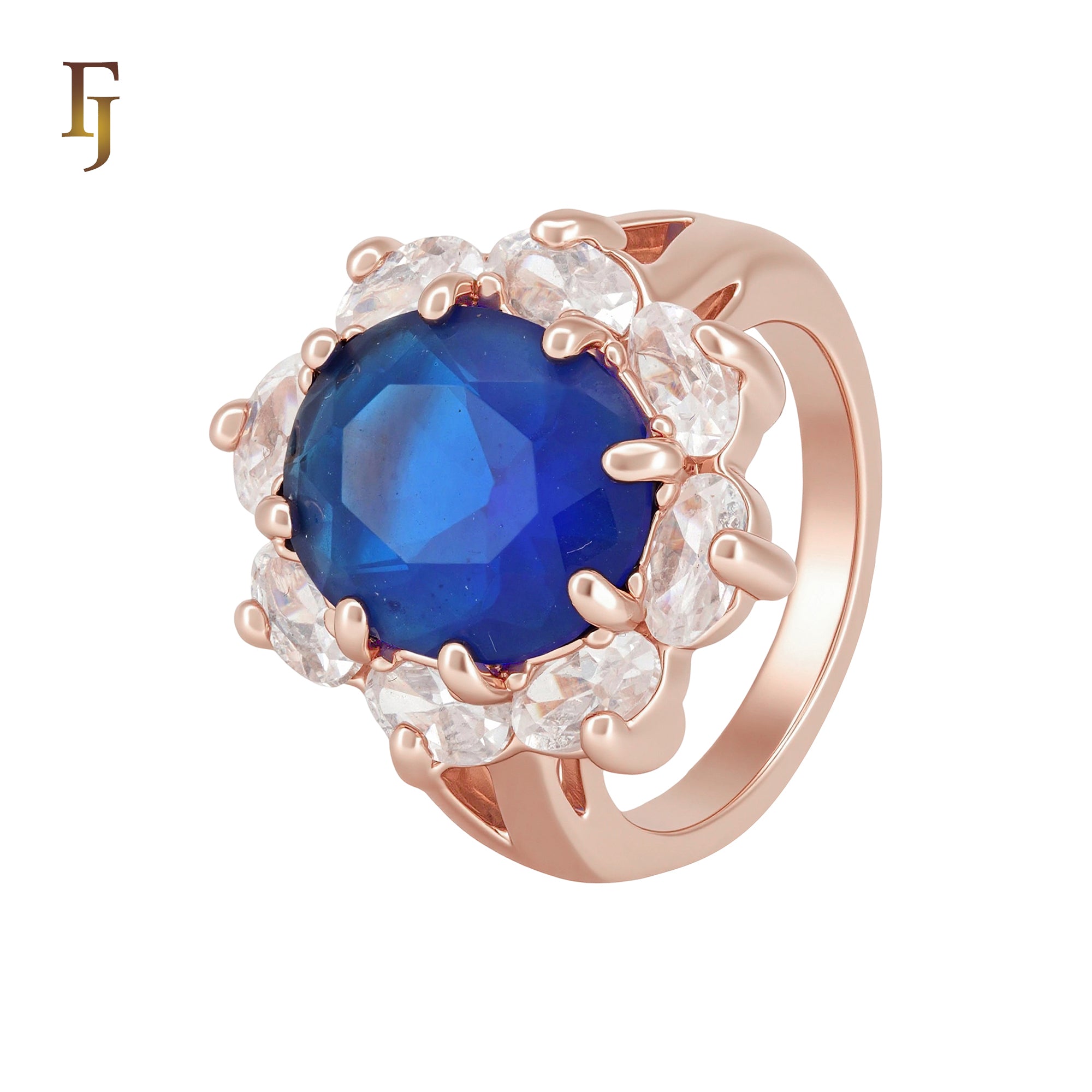 Solitaire Deep blue Halo white CZs cluster Rose Gold Fashion Rings