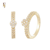 Double Band of Cluster white CZs flower 14K Gold, Rose Gold Wedding Set Rings