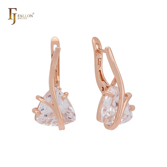 Elegantes pendientes de clip triangulares de oro rosa con circonita blanca y solitario con garras de rama