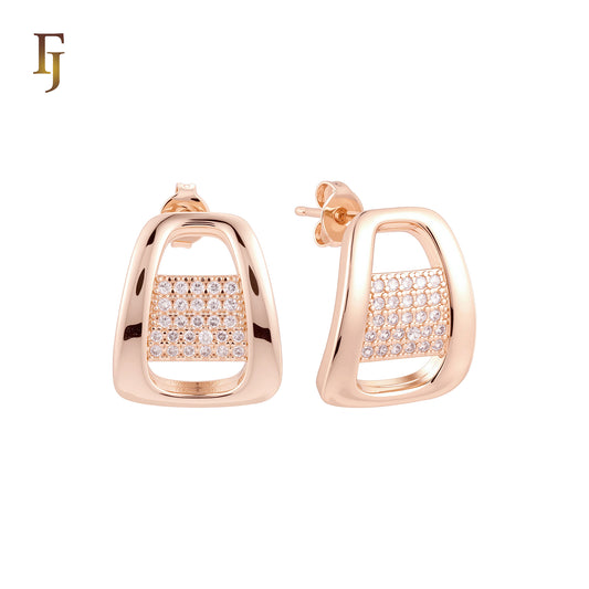 Curved Basket of white CZs 14K Gold, Rose Gold Stud Earrings
