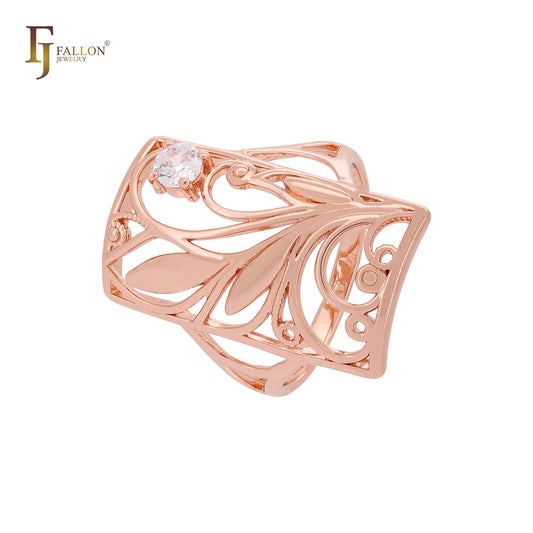 Anillos de moda en oro rosa con filigrana cuadrada de hojas y ramas