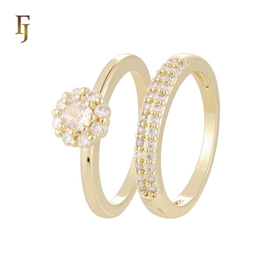 Cluster white CZs flower 14K Gold, Rose Gold Wedding Set Rings