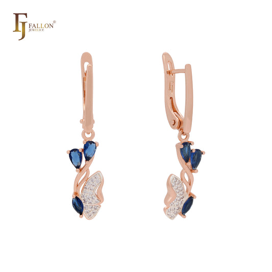Pendientes de clip de oro rosa de dos tonos con mariposa de circonitas blancas y circonitas azul intenso.