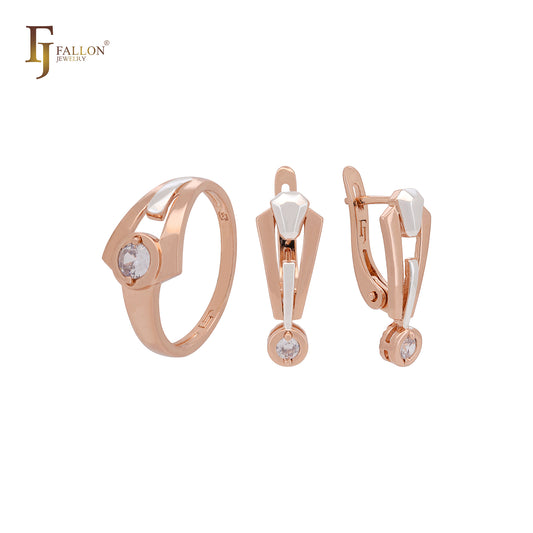 Conjunto de joyas de dos tonos con anillos en oro rosa y circonitas blancas con diseño de corbata solitaria
