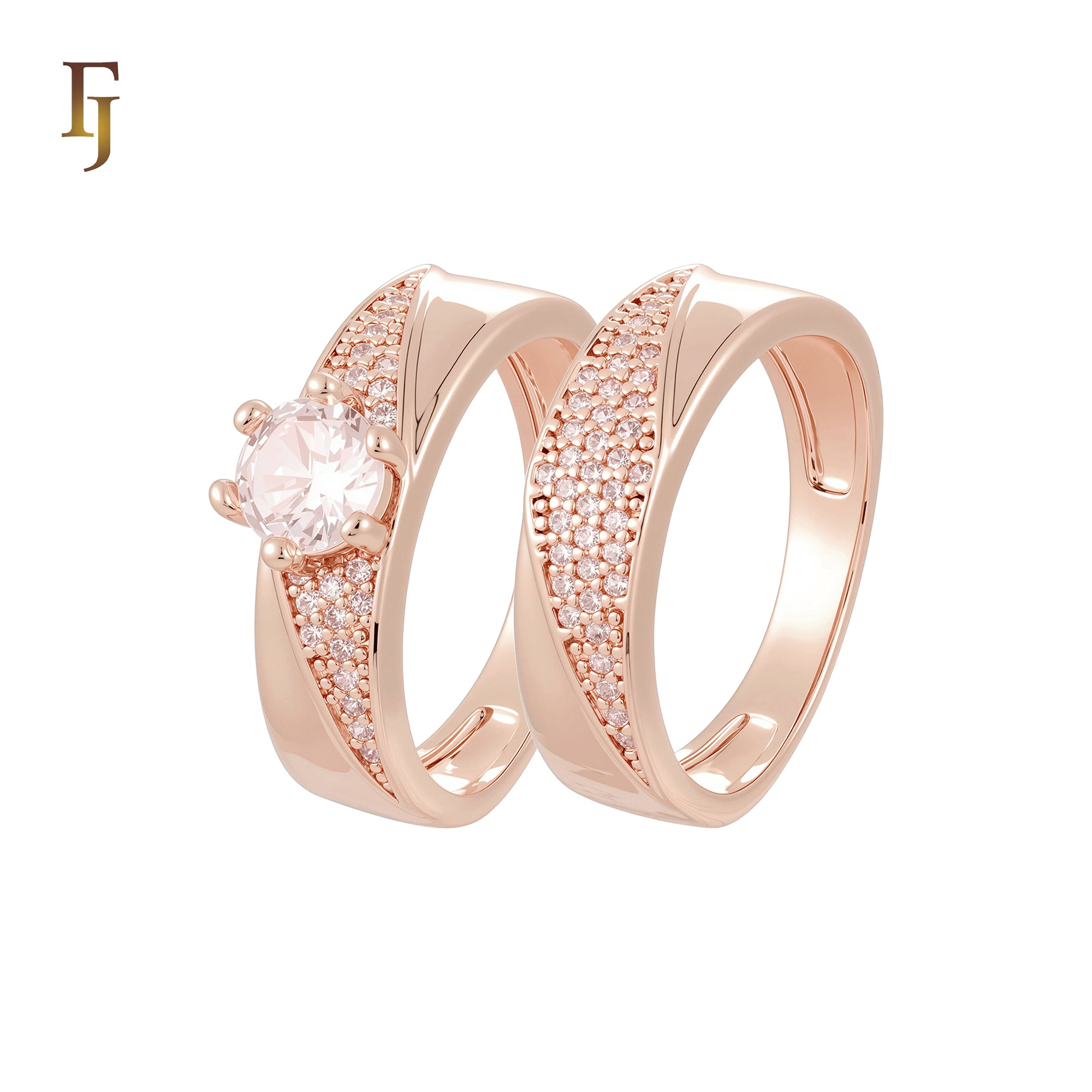 Slash of white CZs paved 14K Gold, Rose Gold Wedding Set Rings