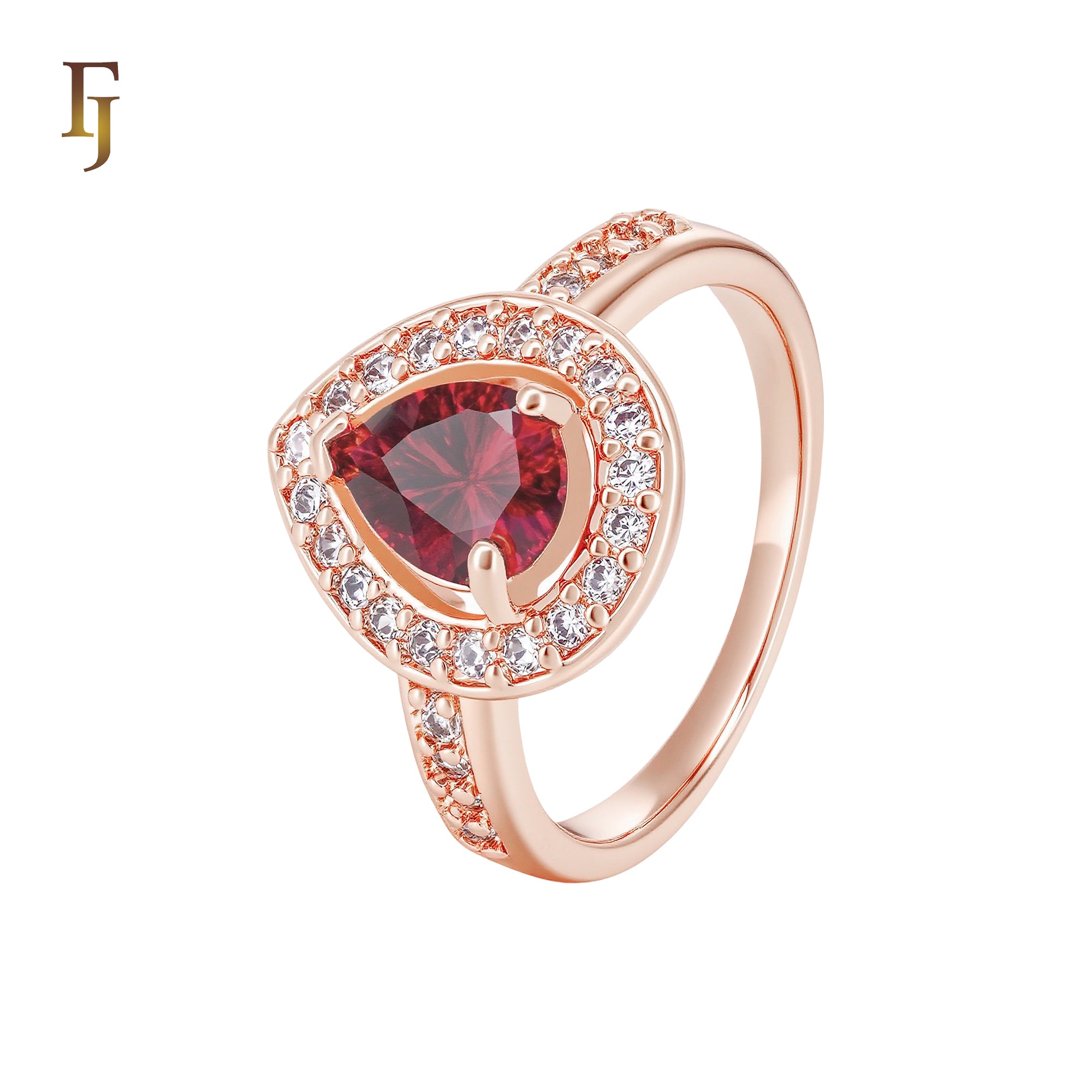 Halo paved white CZs Solitaire Scarlet Red CZ Rose Gold Fashion Rings