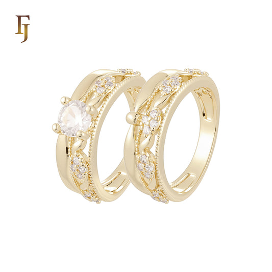 Leaves of white Czs cluster 14K Gold, Rose Gold Wedding Set Rings Engagement and Band