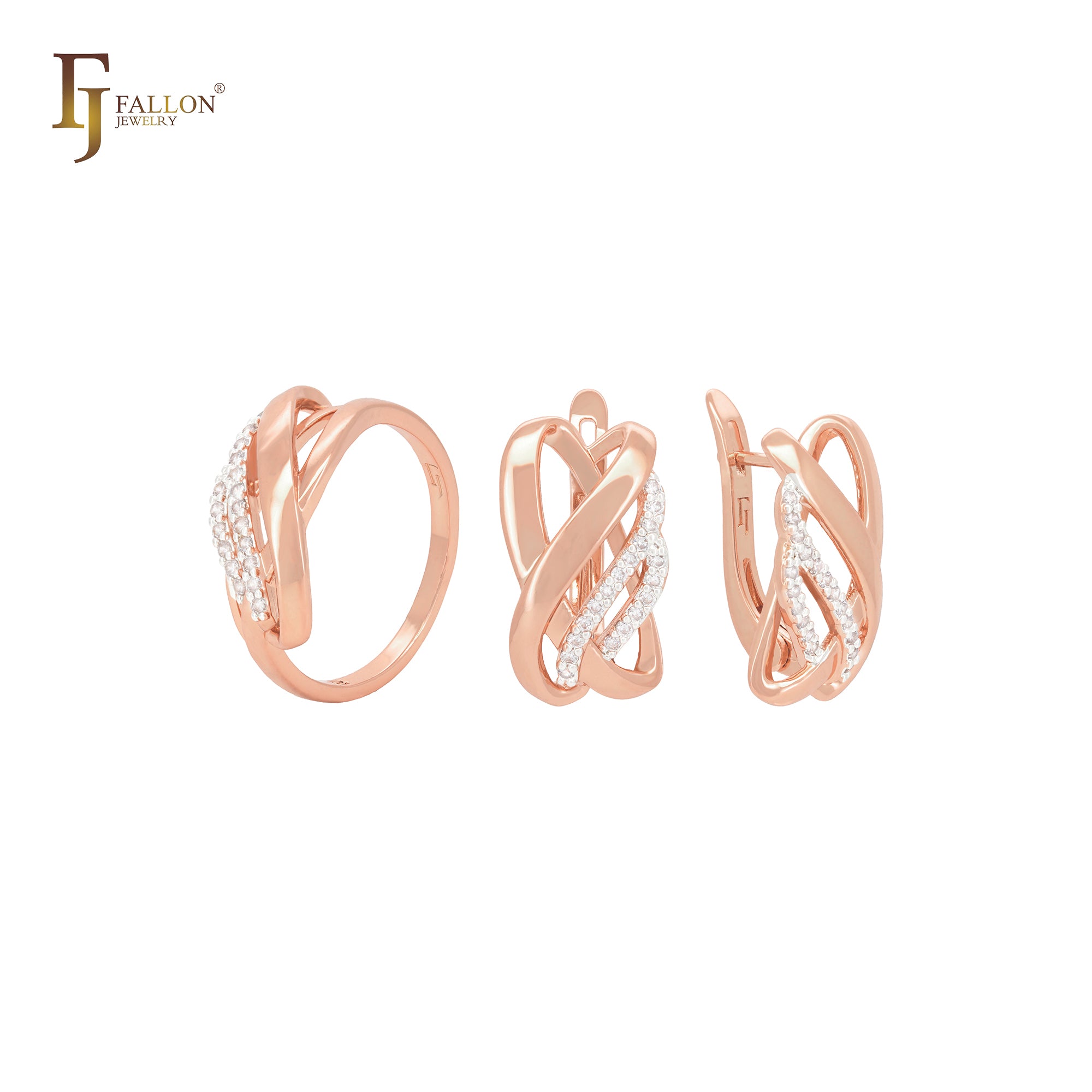 Conjunto de joyas de oro rosa de dos tonos con anillos y cintas de circonitas blancas entrelazadas de varias filas