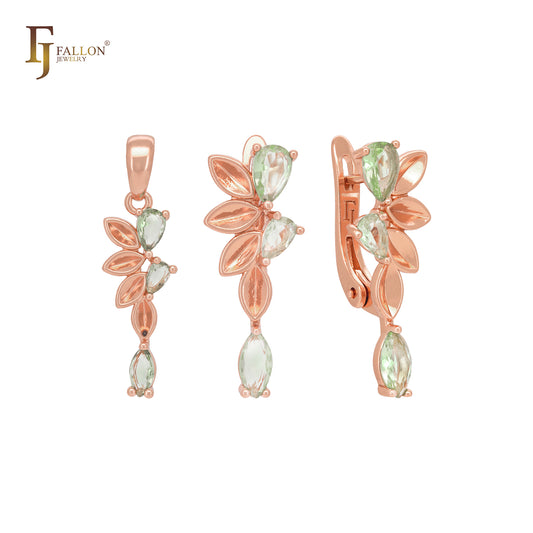 Conjunto de joyas de oro rosa con circonitas cúbicas de color verde manzana y hojas con colgante