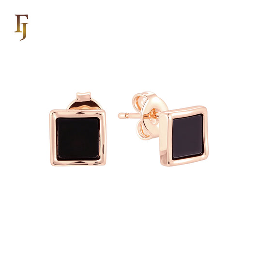Squared Black Onyx 14K Gold, Rose Gold Stud Earrings