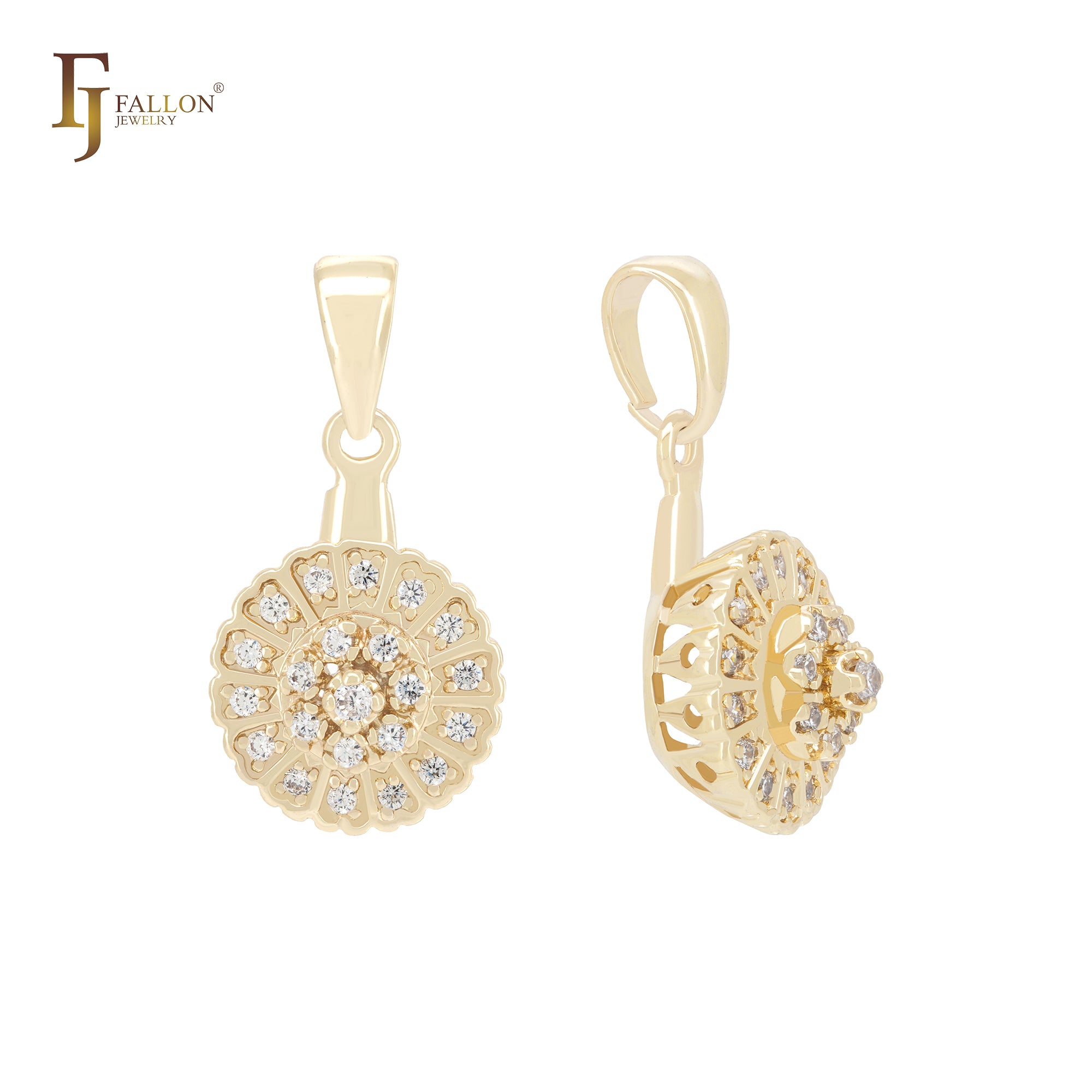Fancy white CZs of flowers 14K Gold Pendant