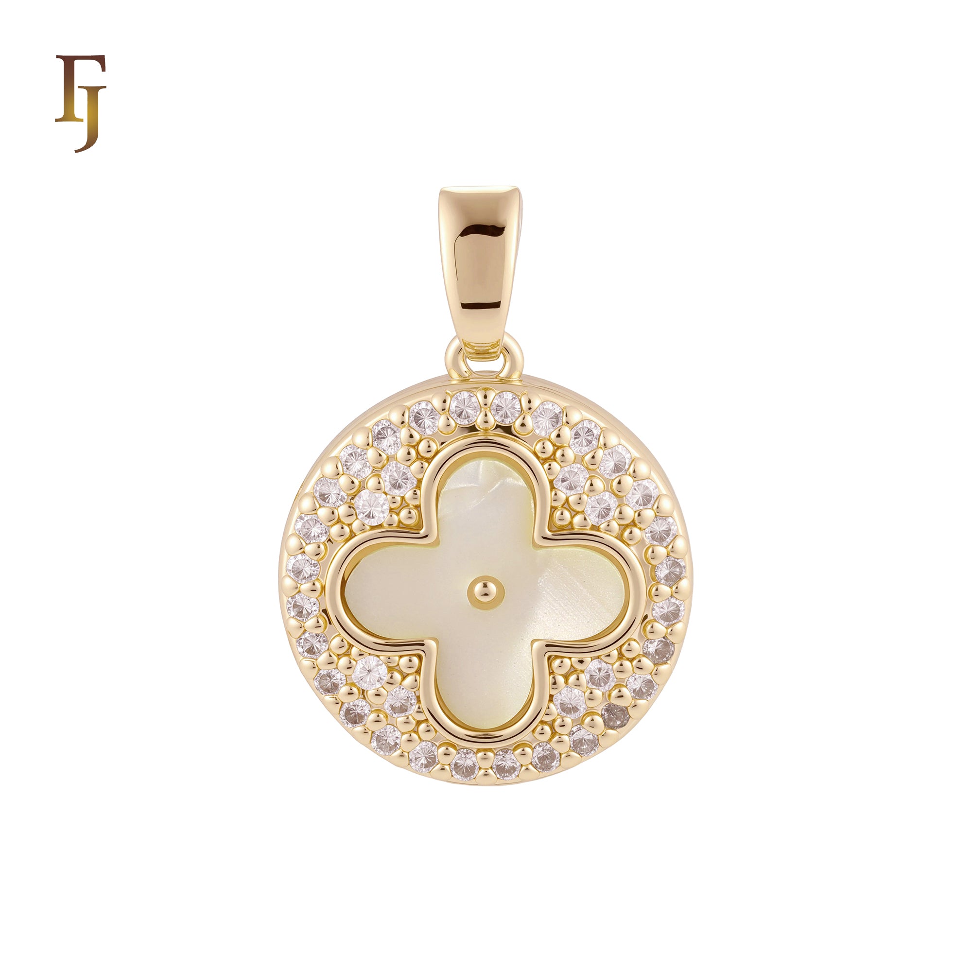 Lucky Disc Cluster white CZs Clover of Black or white Onyx 14K Gold, Rose Gold Pendant