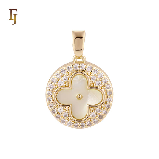 Lucky Disc Cluster white CZs Clover of Black or white Onyx 14K Gold, Rose Gold Pendant