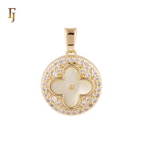 Lucky Disc Cluster white CZs Clover of Black or white Onyx 14K Gold, Rose Gold Pendant