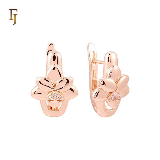 Chunky flower lock of white CZs Rose Gold Russian Lock Earrings