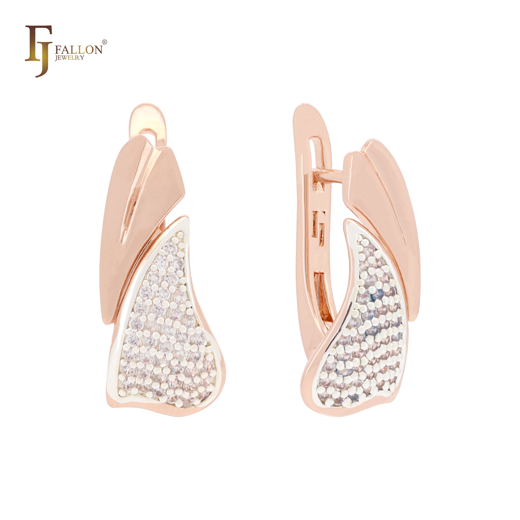 Pendientes de clip bicolor en oro rosa con hojas dobles de circonitas blancas