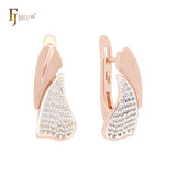 Pendientes de clip bicolor en oro rosa con hojas dobles de circonitas blancas