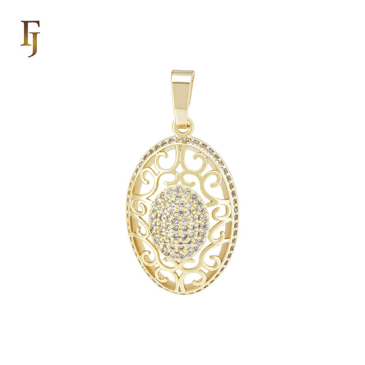 Oval Halo Filigree of white CZs 14K Gold Pendant
