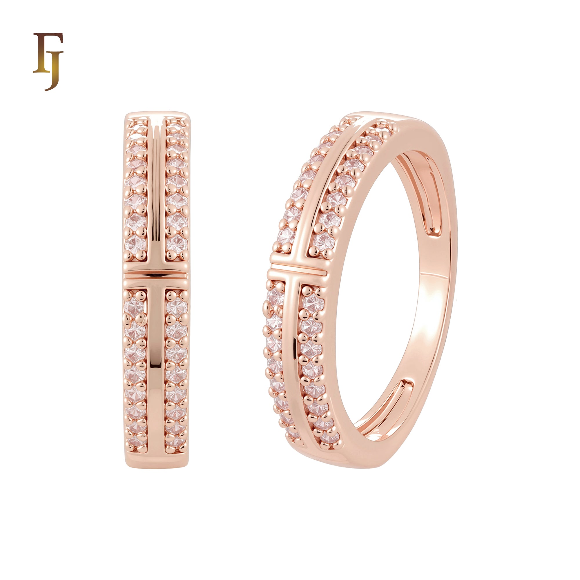 Solitaire and Cros double band paved white CZs 14K Gold, Rose Gold Wedding Set Rings Engagement and Band