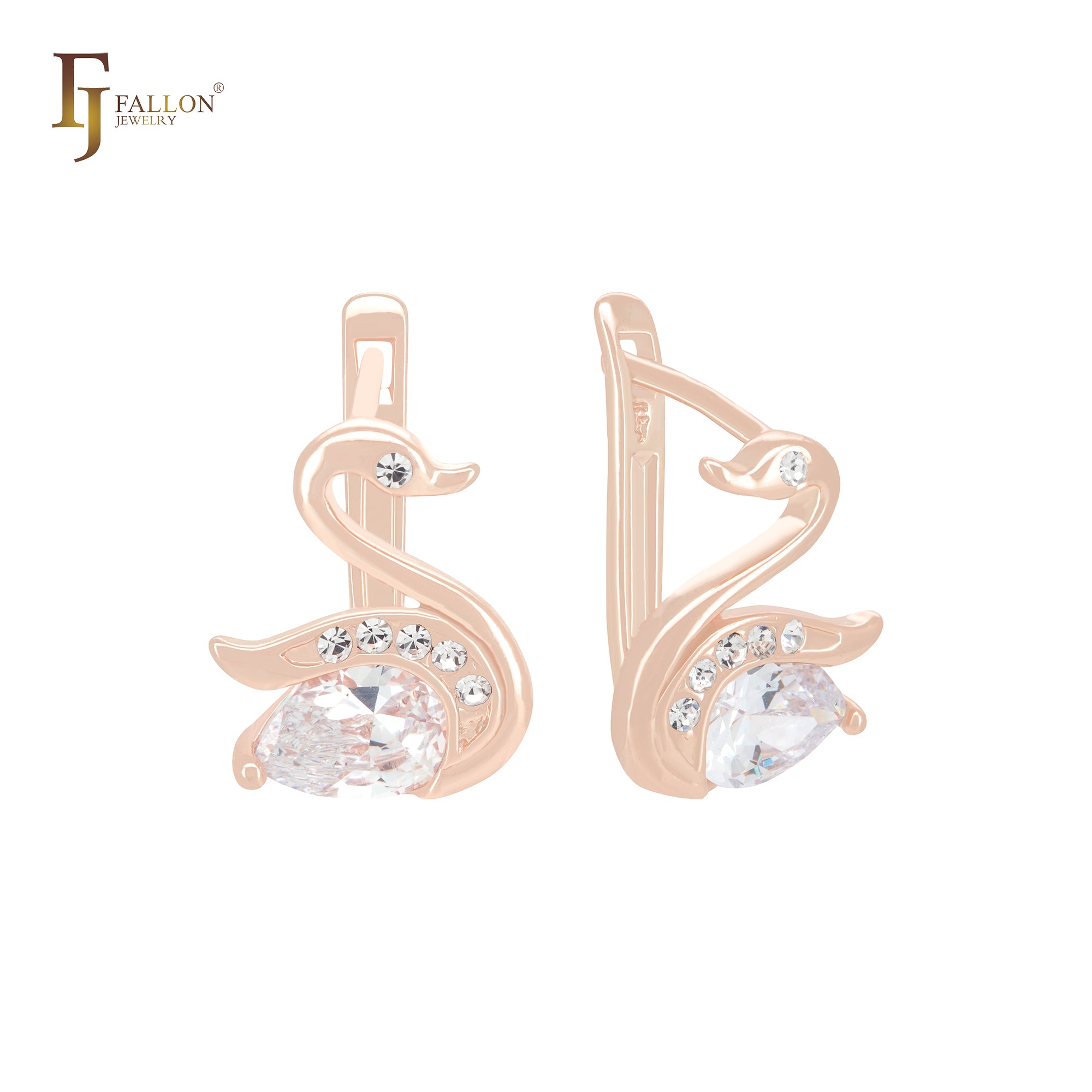 Elegantes pendientes de clip de oro rosa con circonitas blancas y forma de cisne