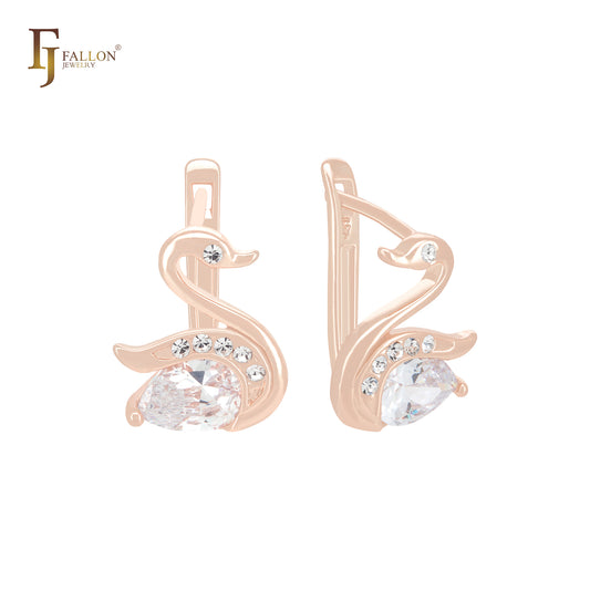 Elegantes pendientes de clip de oro rosa con circonitas blancas y forma de cisne