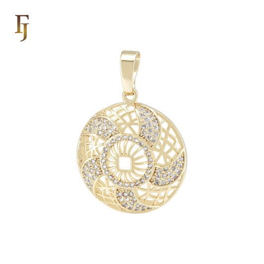Spinning white CZs rounded filigree snowflake 14K Gold Pendant