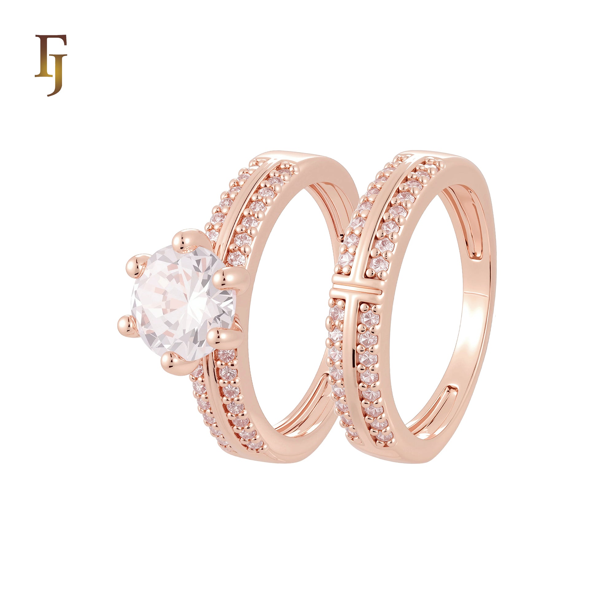 Solitaire and Cros double band paved white CZs 14K Gold, Rose Gold Wedding Set Rings Engagement and Band